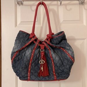 Original by Sharif 1827 quilted denim tote with red leather trim.